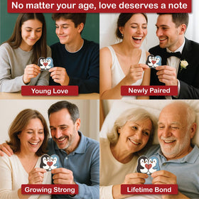 Close-up of Penguin Couple illustrations on affirmation cards