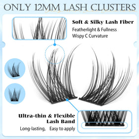 Close-up of PHKERATA 12mm Wispy Lash Clusters showing soft lash band