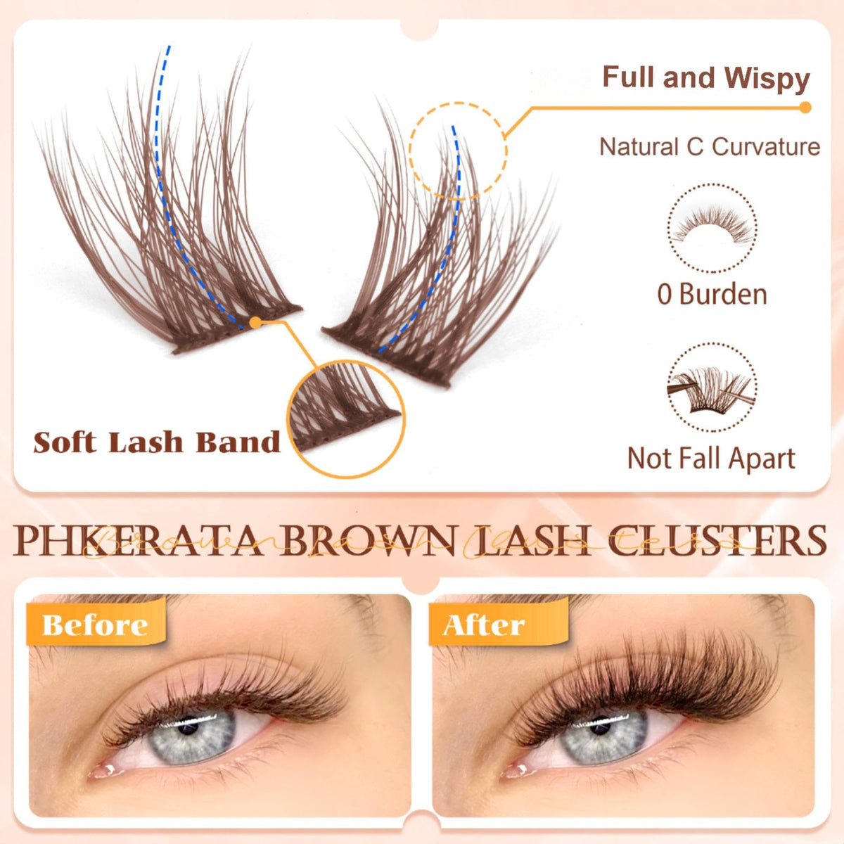 Close-up of PHKERATA Brown Lash Clusters showing mixed lengths