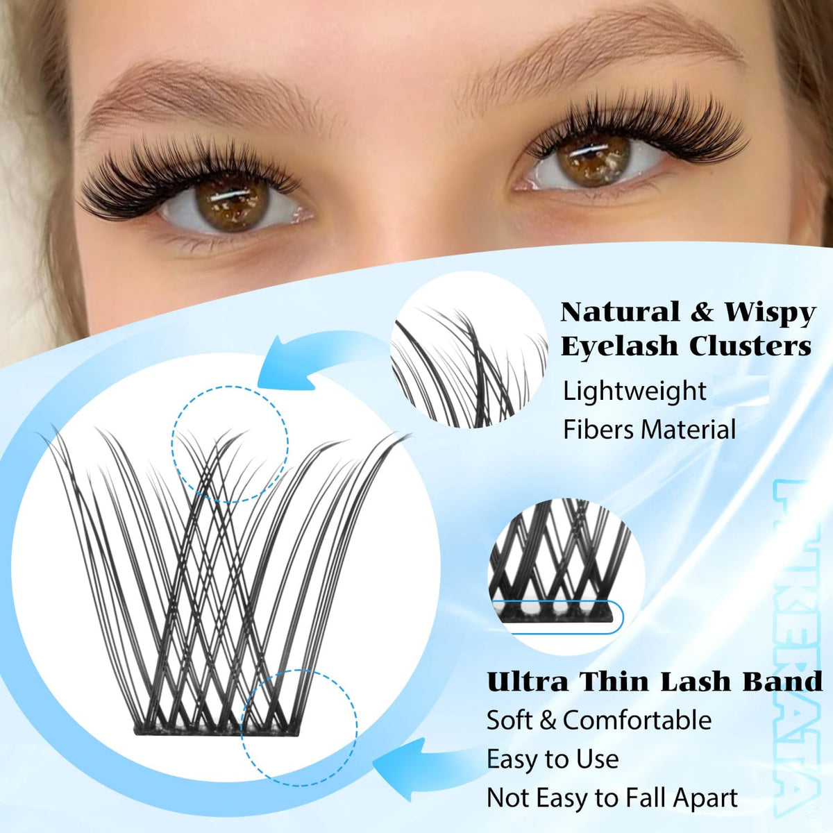 Close-up of PHKERATA eyelash clusters showing different lengths