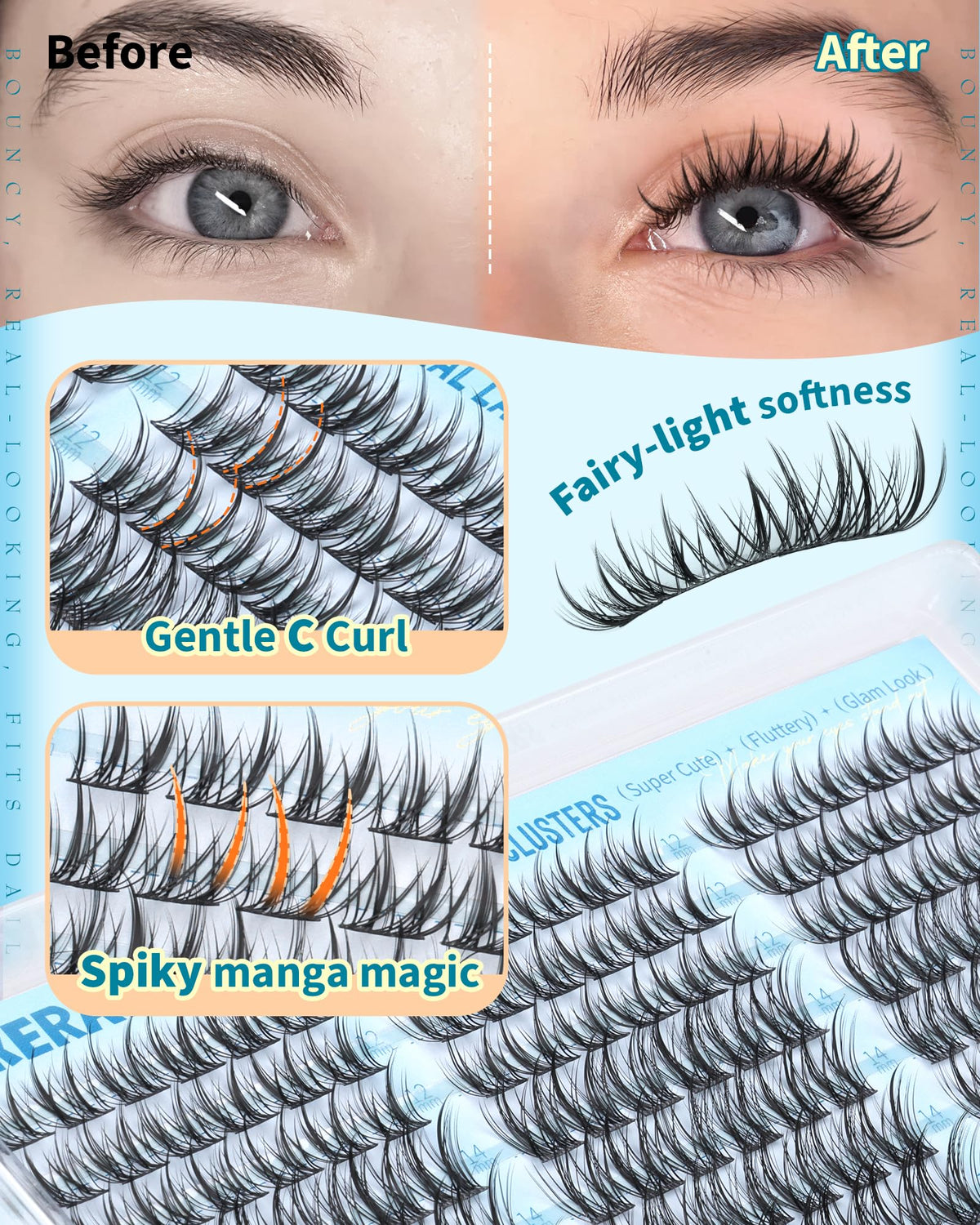 Close-up of PHKERATA Manga Lash Clusters showing ultra-thin band
