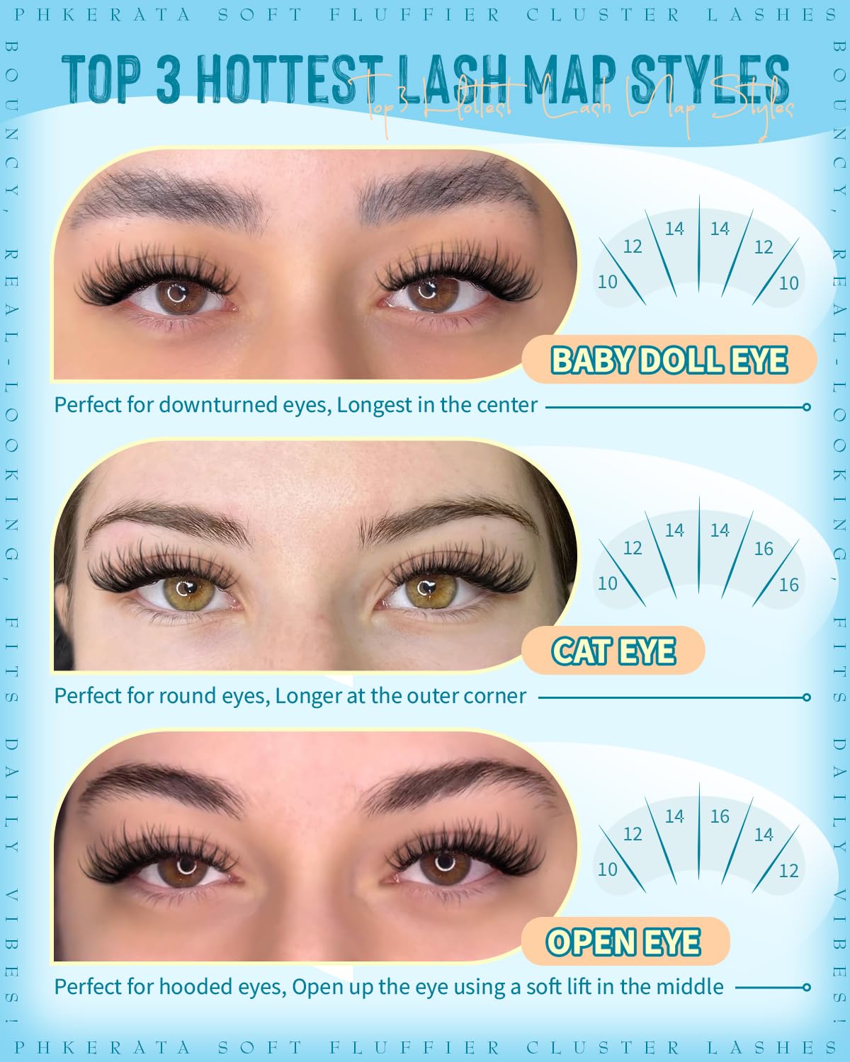 Close-up of PHKERATA Wispy Lash Clusters showing length options
