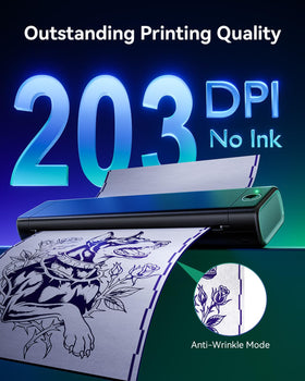 Close-up of Phomemo M08F printing a tattoo stencil