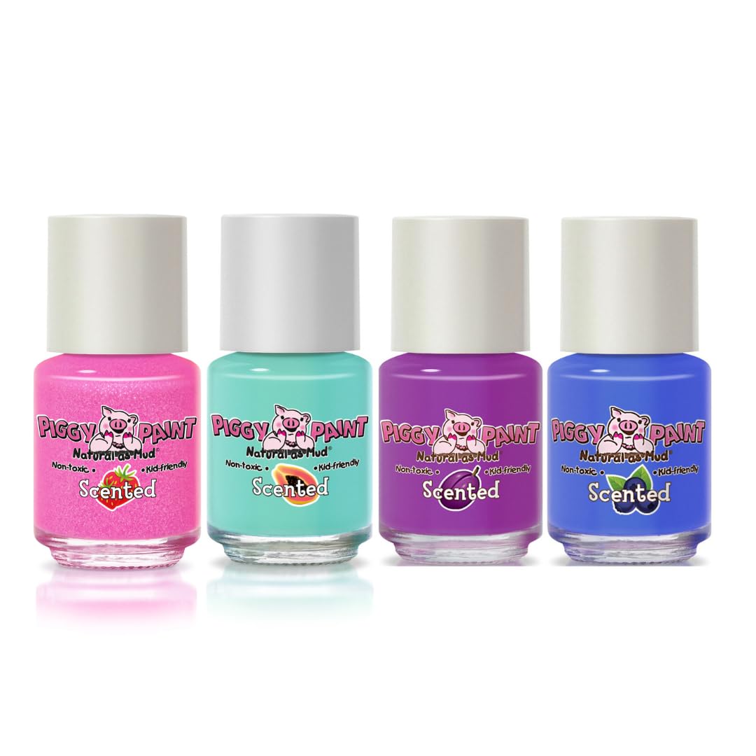 Close-up of Piggy Paint nail polish bottle with fruit scent label