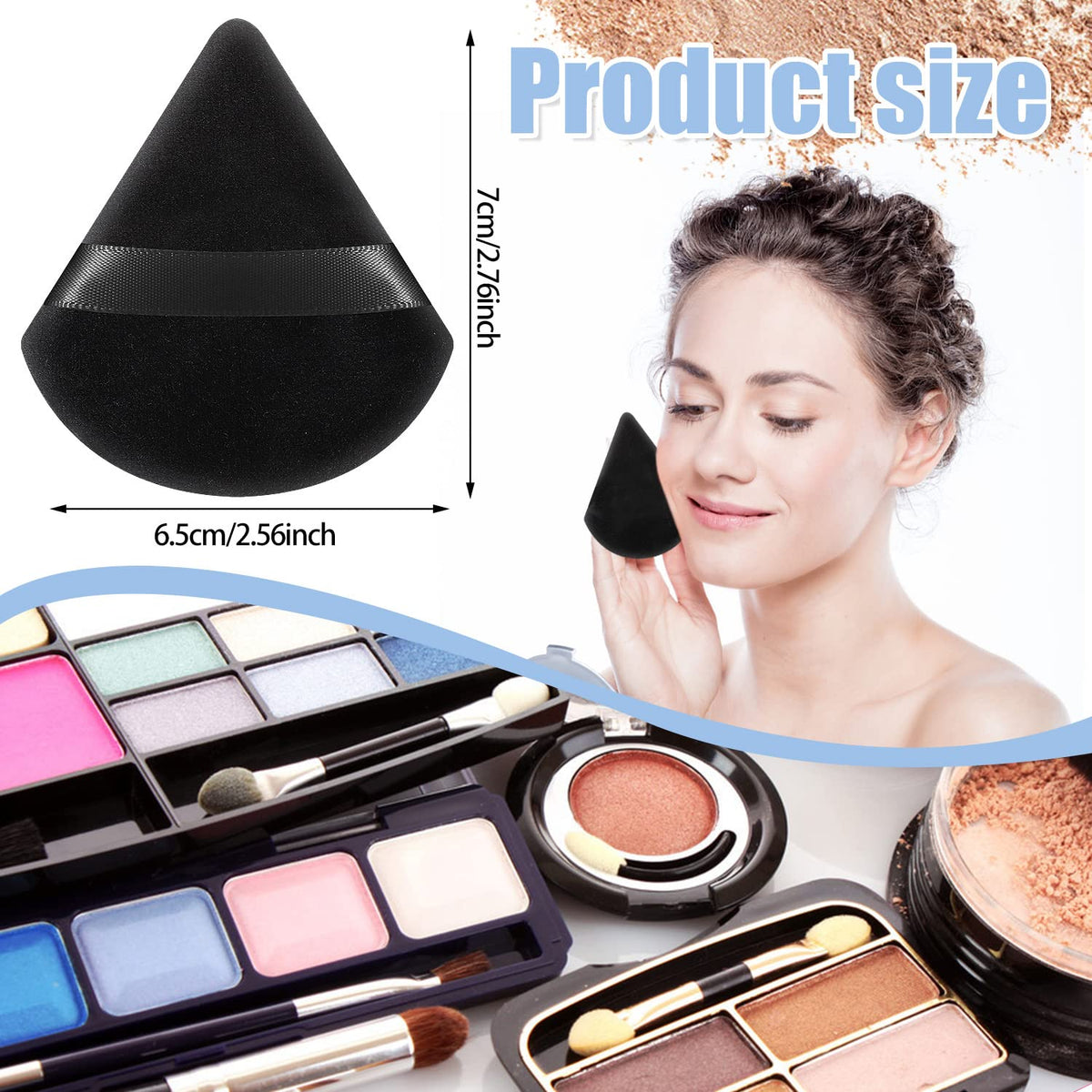 Close-up of Pimoys triangle makeup puff showing soft plush material