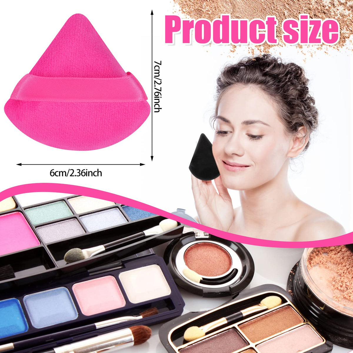 Close-up of Pimoys triangle powder puff in vibrant colour