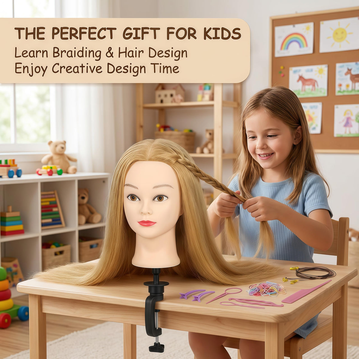 Close-up of PlatolPro mannequin head with braiding kit
