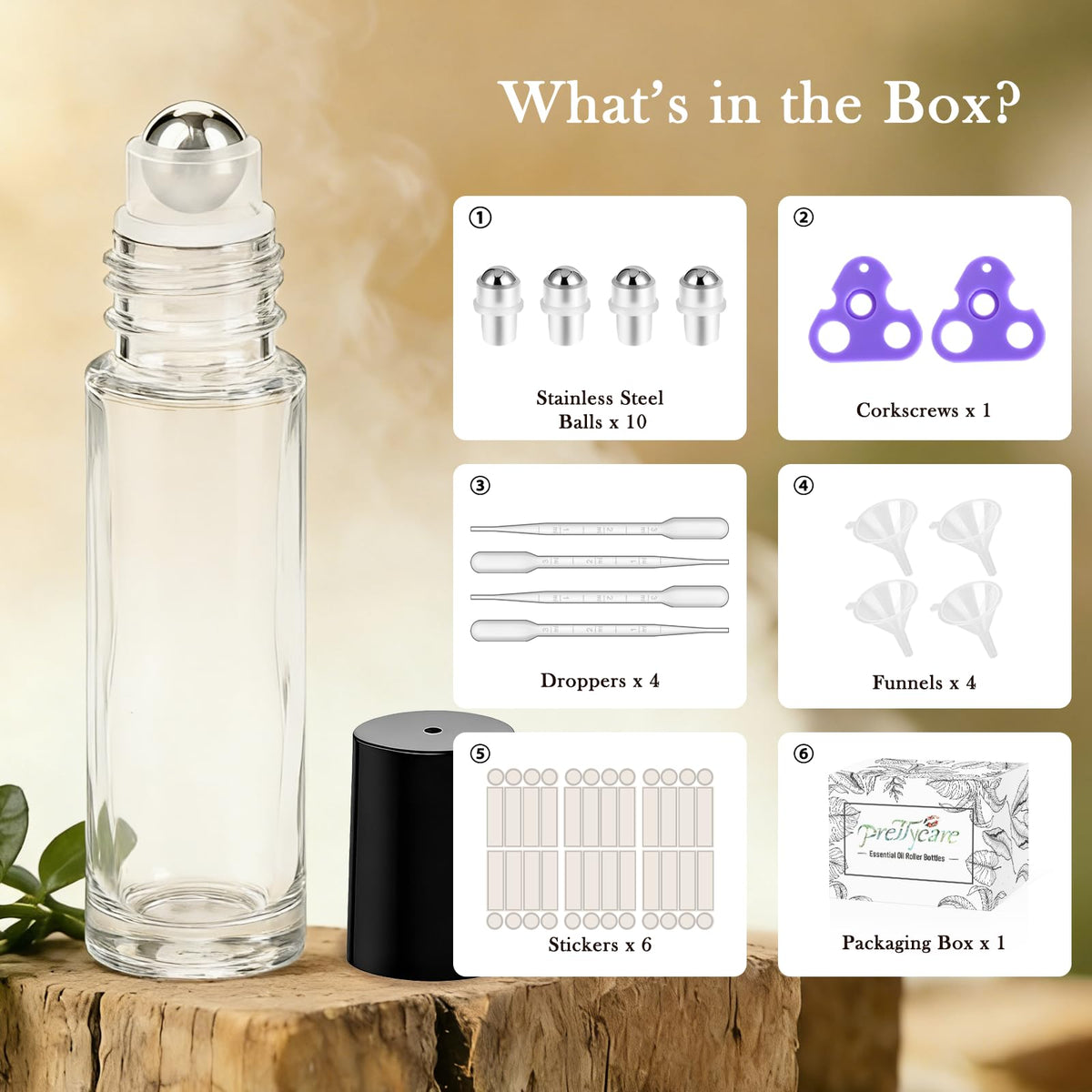 Close-up of PrettyCare essential oil roller bottle with black cap