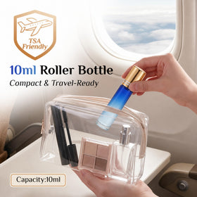 Close-up of PrettyCare essential oil roller bottle with golden cap