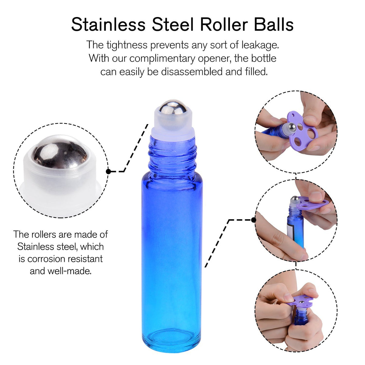 Close-up of PrettyCare essential oil roller bottle with stainless steel ball