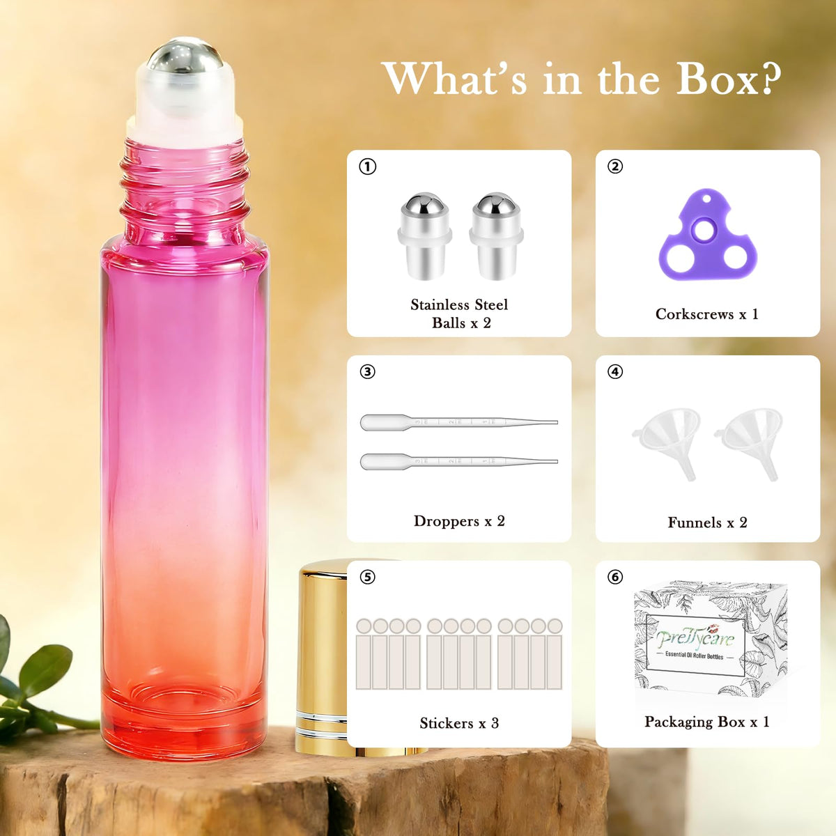 Close-up of PrettyCare essential oil roller bottles showcasing red and purple glass