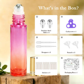 Close-up of PrettyCare essential oil roller bottles showcasing red and purple glass