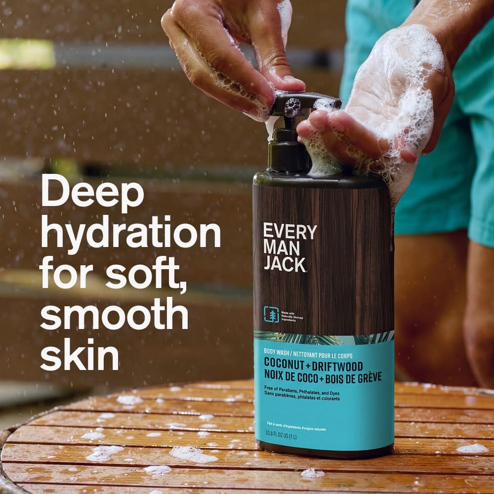 Close-up of pump dispenser on Every Man Jack body wash