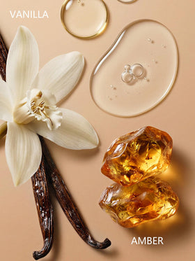 Close-up of PUREU Amber Vanilla fragrance bottle