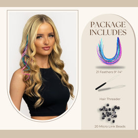 Close-up of purple pink and turquoise feather extensions