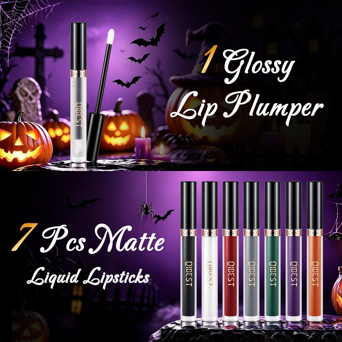 Close-up of QiBest 7 matte liquid lipsticks in various colours