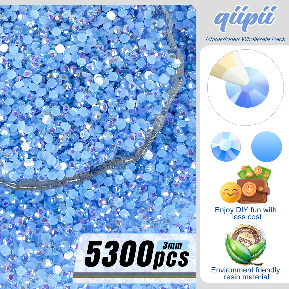 Close-up of qiipii 3mm Light Blue AB Rhinestones