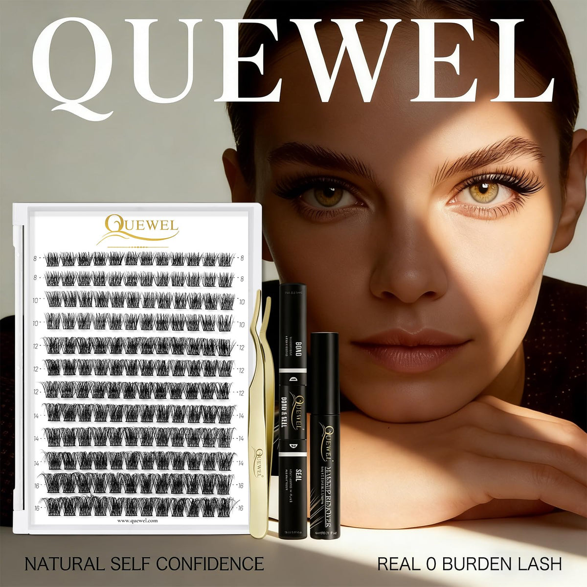 Close-up of QUEWEL lash clusters in packaging