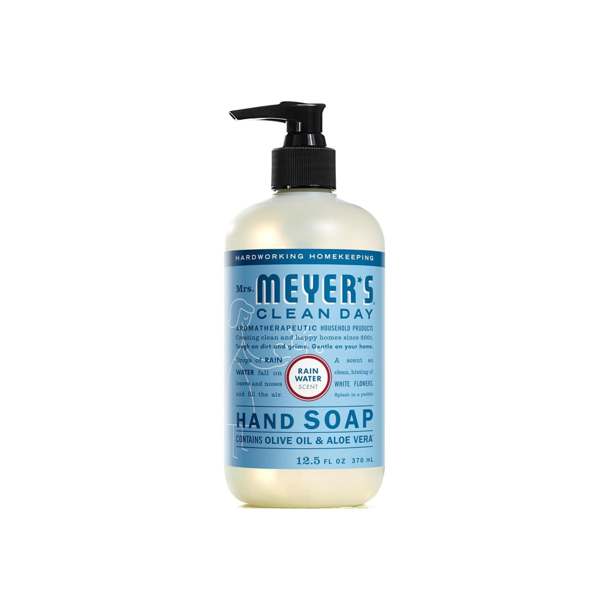 Close-up of Rain Water hand soap bottle from Mrs. MEYER'S