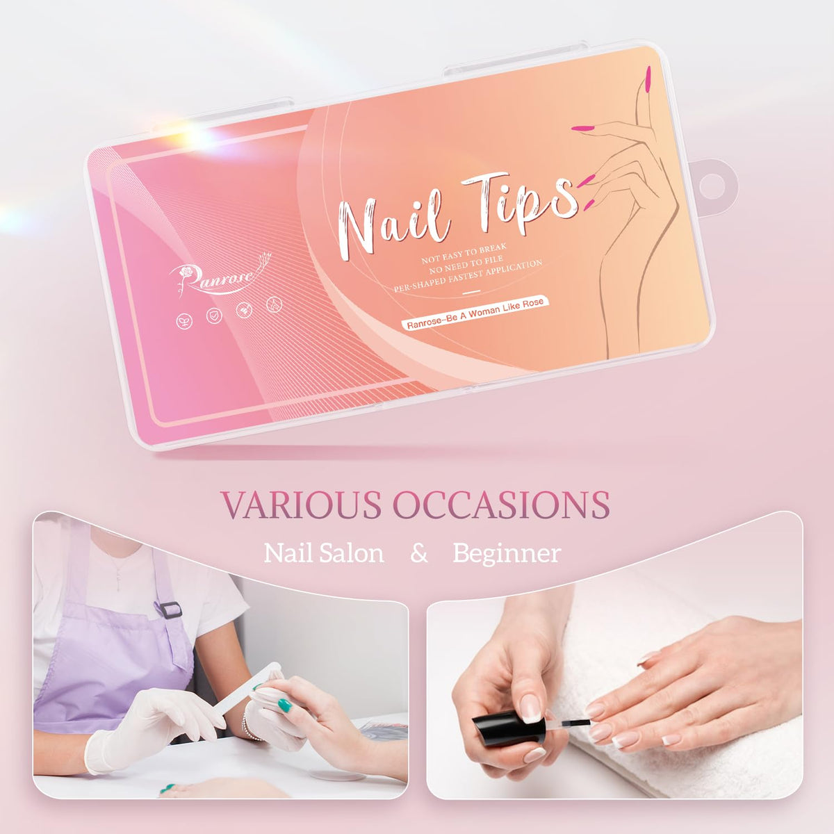 Close-up of Ranrose almond nail tips showing various sizes