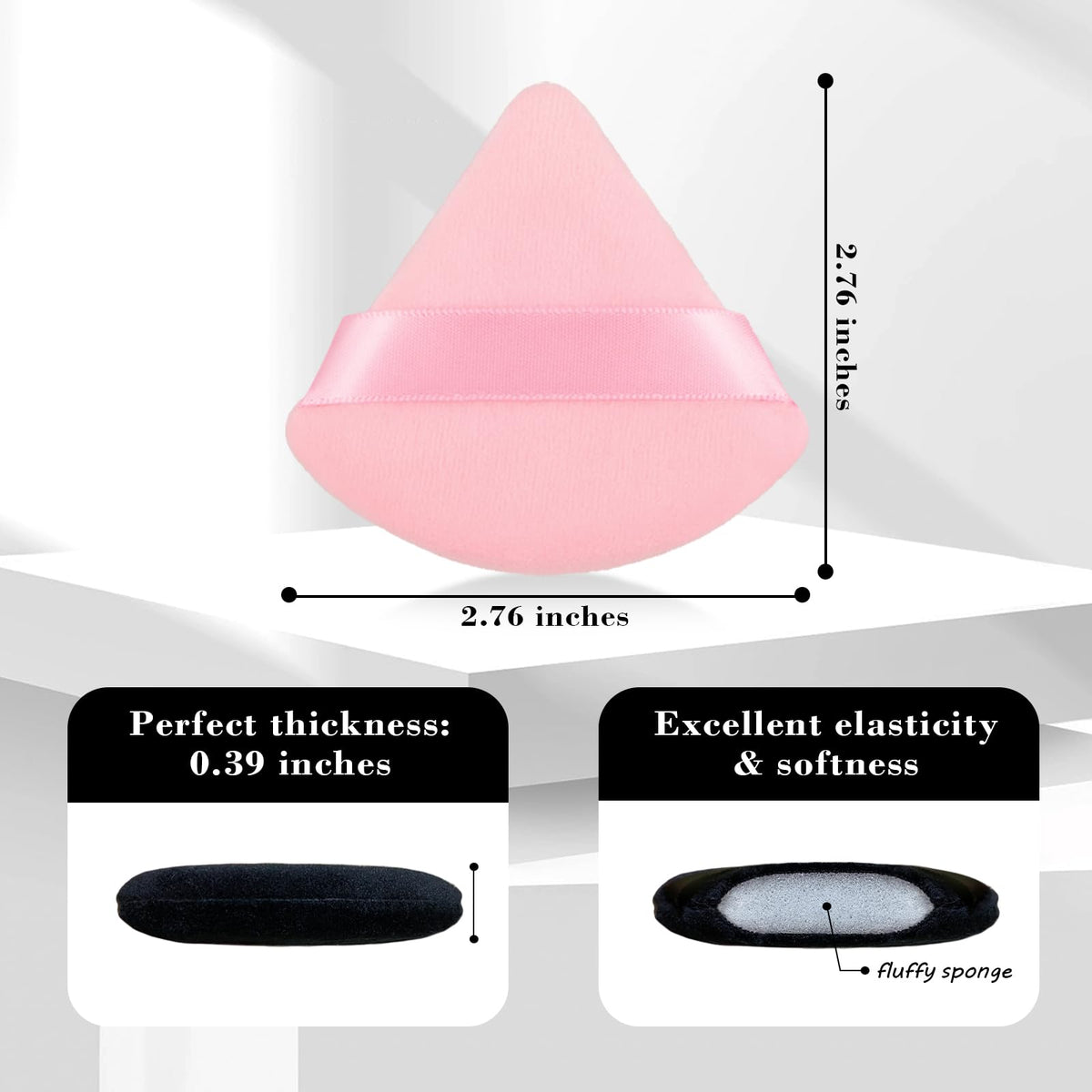 Close-up of RAREIUS triangular powder puff showing soft velvet texture