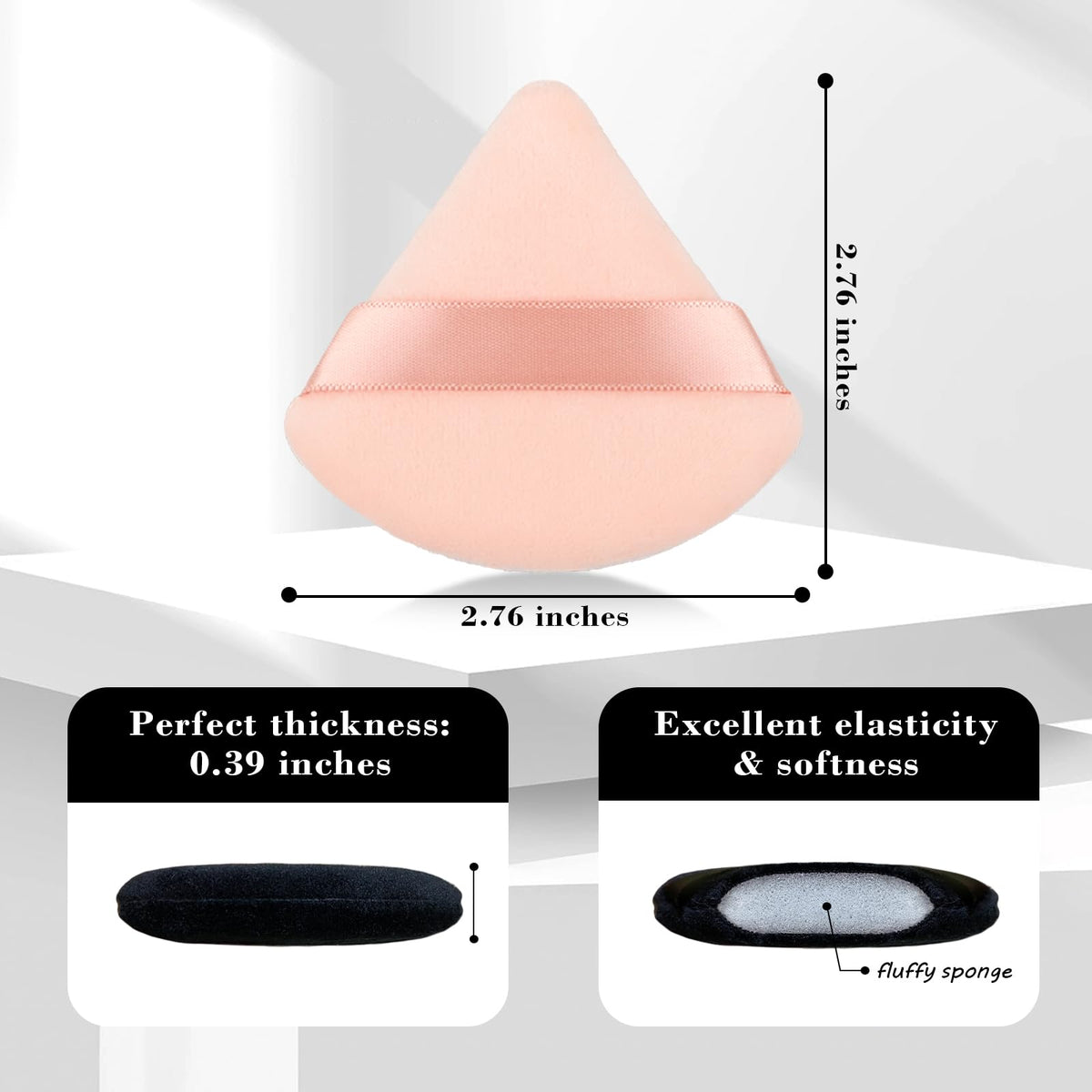 Close-up of RAREIUS triangular powder puff showing velvet texture