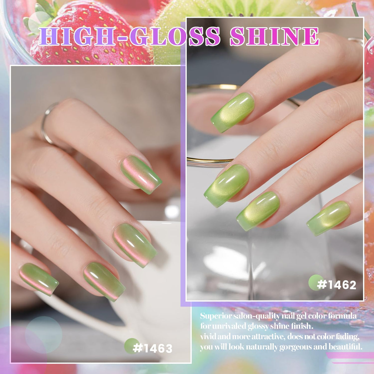 Close-up of RARJSM Cat Eye Gel Nail Polish in Velvet Lime Green