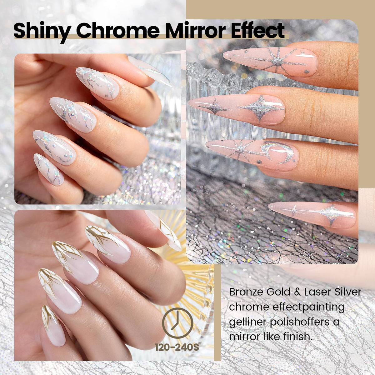Close-up of RARJSM gel polish with holographic silver and bronze gold