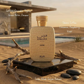 Close-up of RASASI Hawas Viper Eau de Parfum bottle