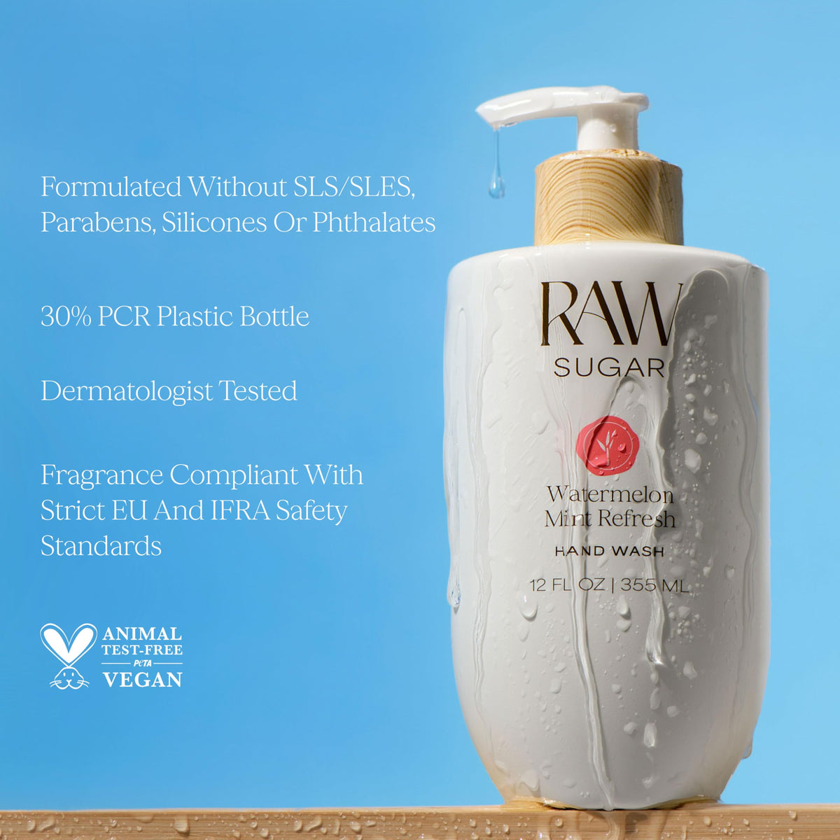 Close-up of RAW SUGAR hand wash bottle with pump