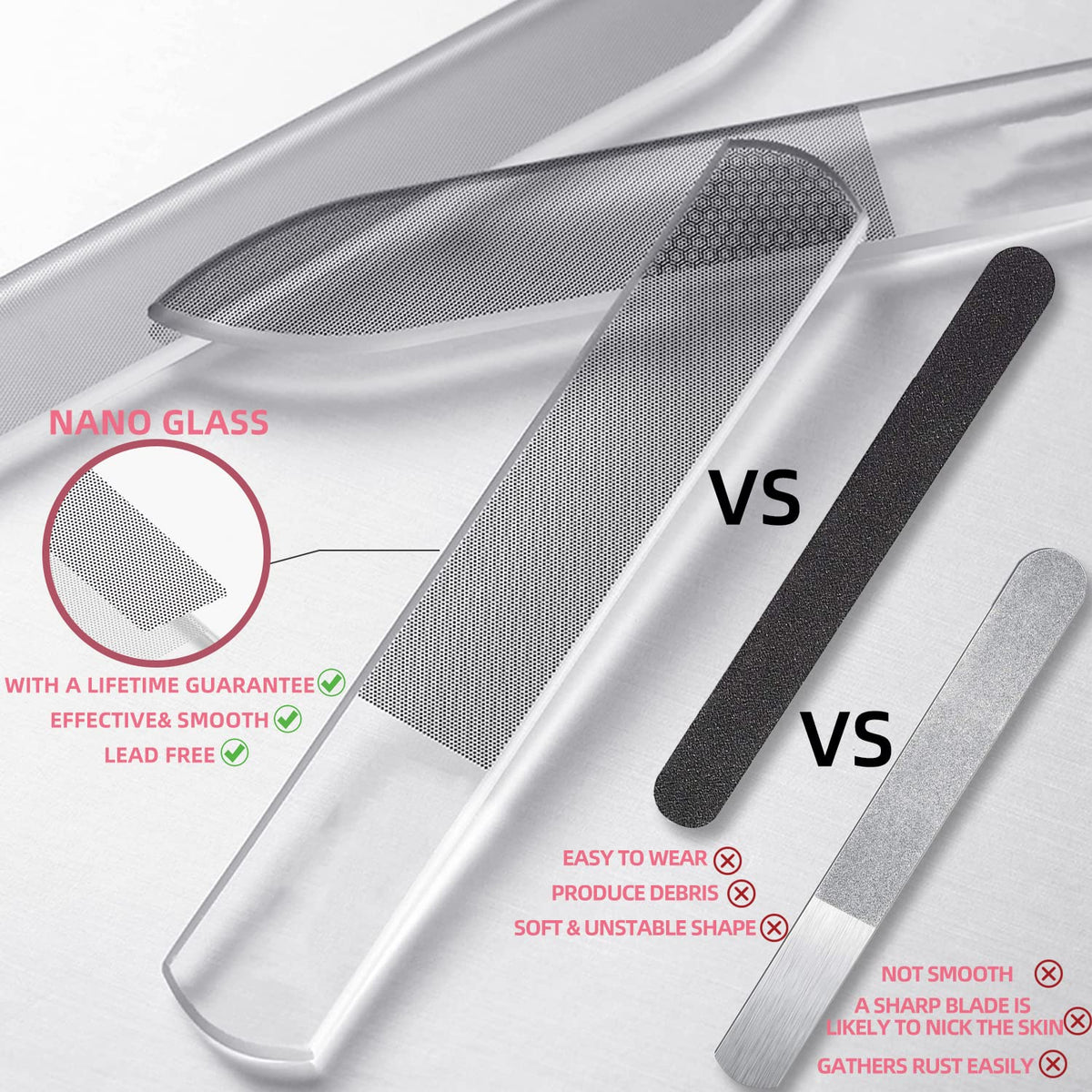 Close-up of RedFlow nano glass nail file showing its smooth surface