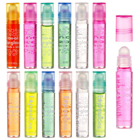 Close-up of rollerball lip glosses in fruity flavours