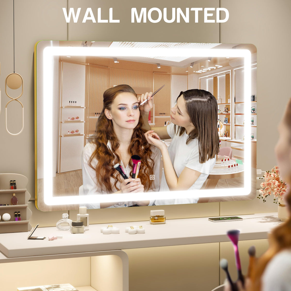 Close-up of ROLOVE Gold Vanity Mirror dimming controls