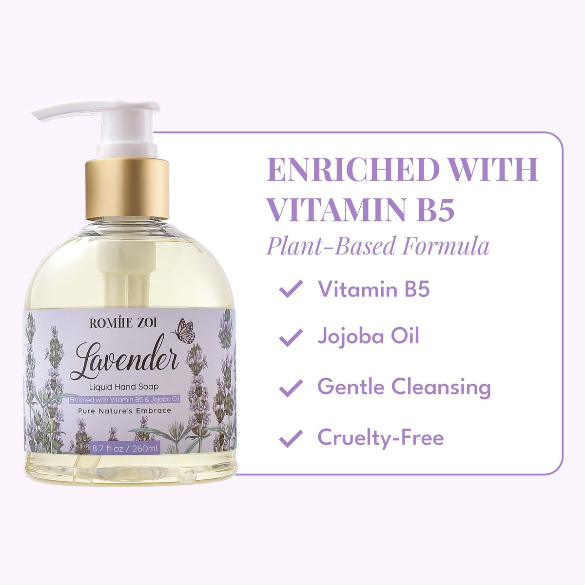 Close-up of ROMIIE ZOI Lavender Hand Soap bottle