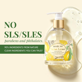 Close-up of ROMIIE ZOI Liquid Hand Soap Lemon label