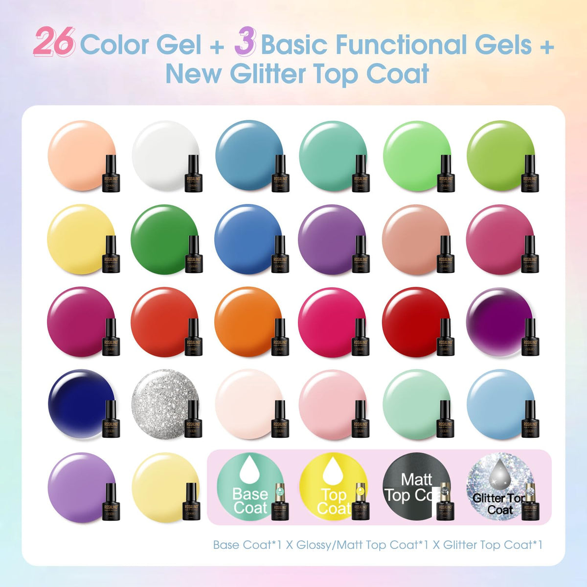 Close-up of ROSALIND gel nail polish bottles in assorted colours