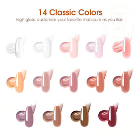 Close-up of ROSALIND poly nail gel colours in various shades