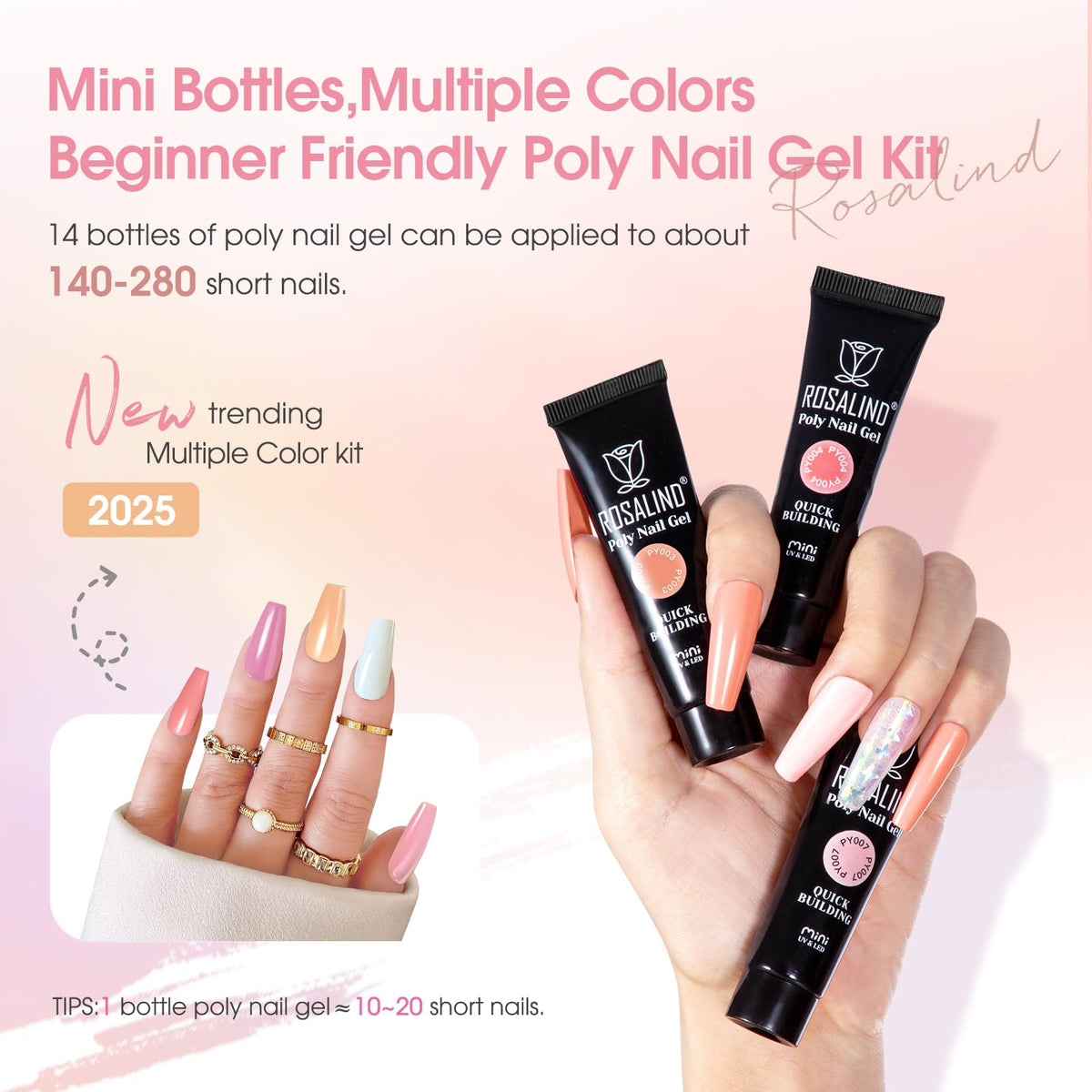 Close-up of ROSALIND poly nail gel tubes in various colours