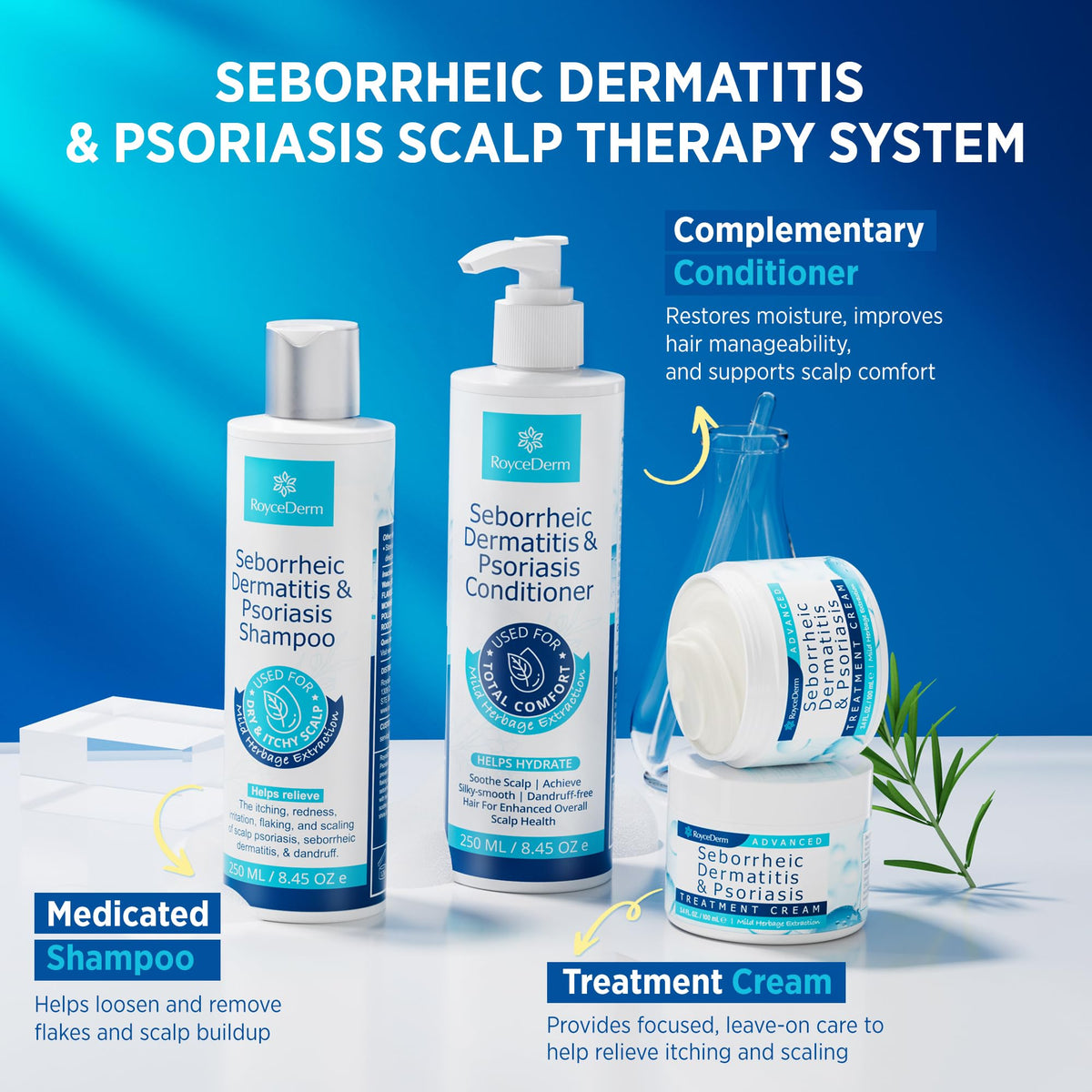 Close-up of Roycederm shampoo bottle with herbal ingredients