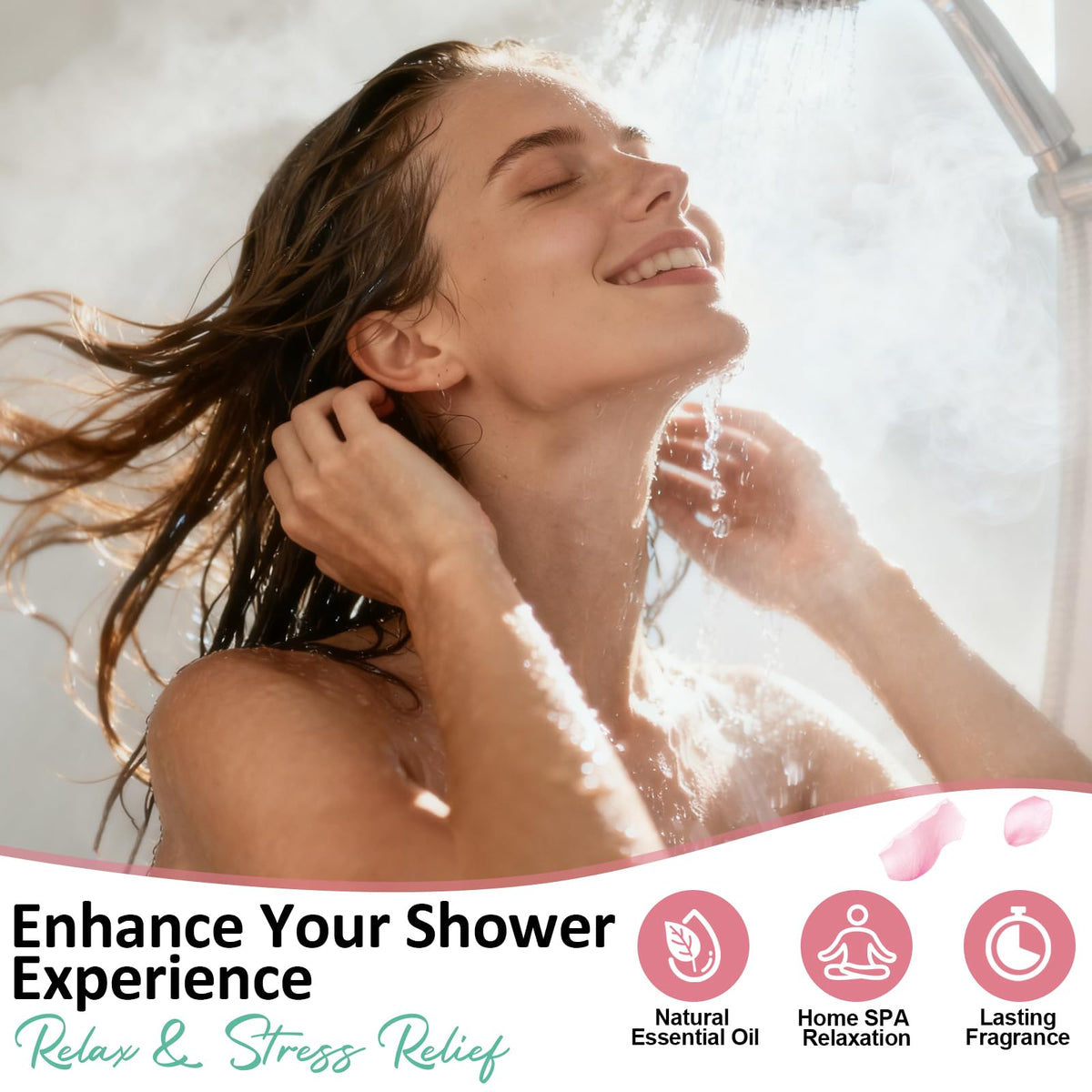 Close-up of RUSEMLE shower steamer tablet in pink