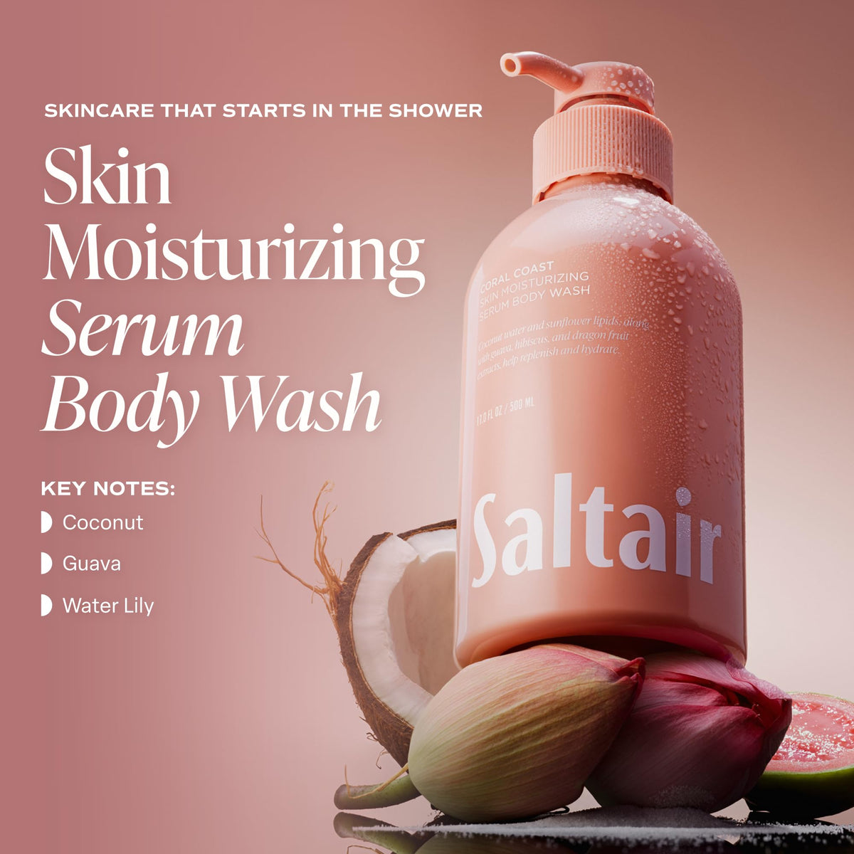 Close-up of Saltair Body Wash pump bottle with tropical fruit extracts
