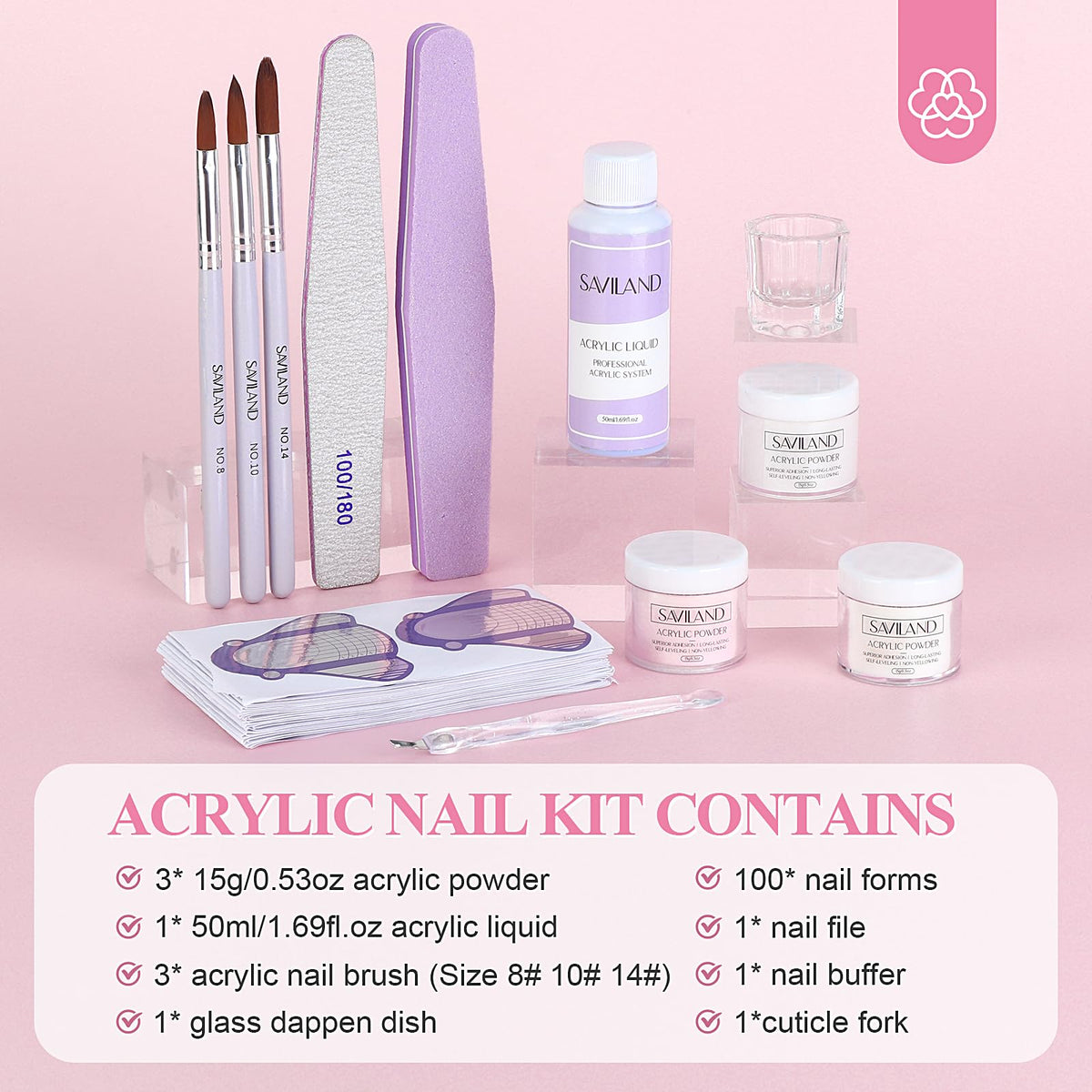 Close-up of SAVILAND acrylic powder in clear, white, and pink