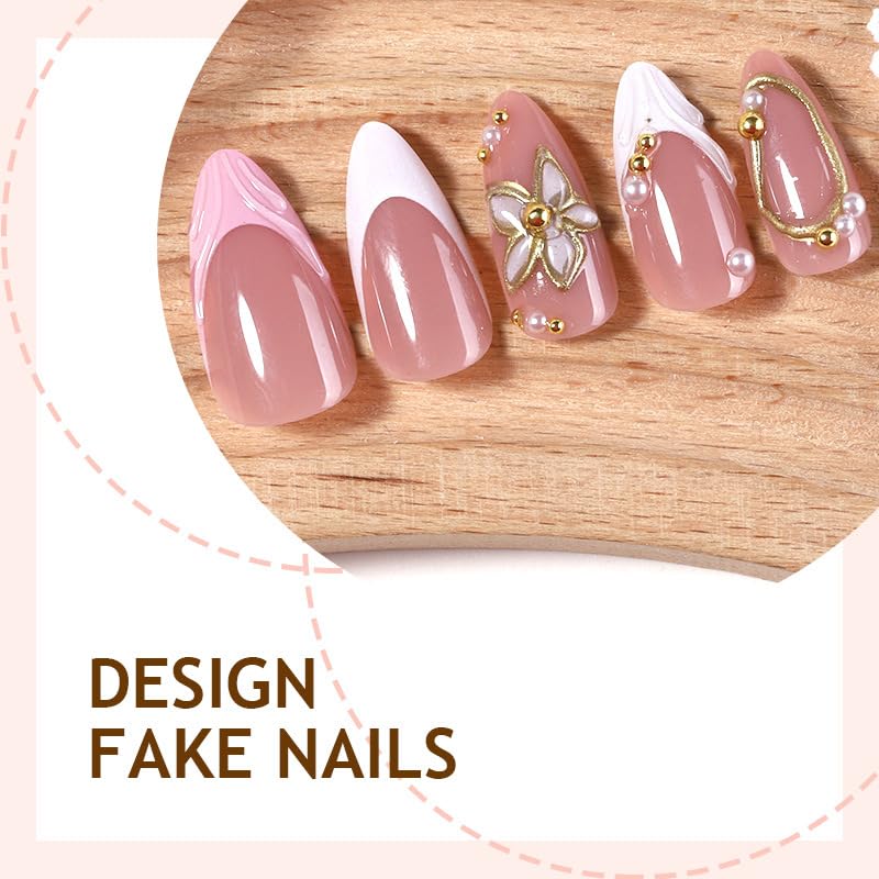 Close-up of SEENEEY Almond Press on Nails with gold charm