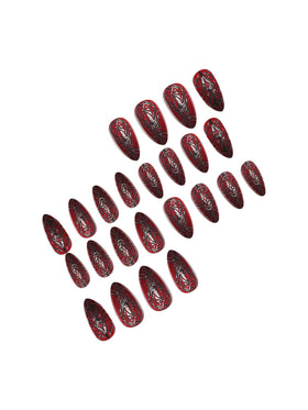 Close-up of SEENEEY Long Almond Press on Nails showing spider web detail