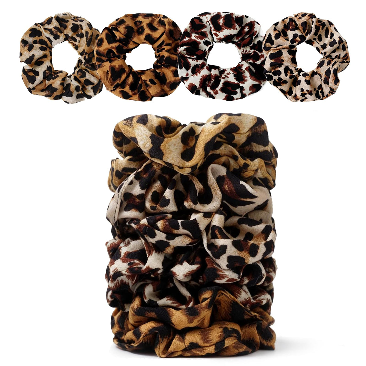 Close-up of SEVEN STYLE leopard print satin scrunchie