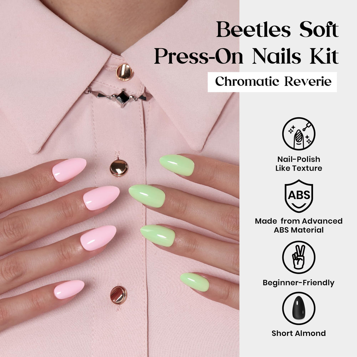 Close-up of short almond press on nails in assorted colours