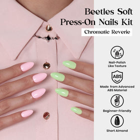 Close-up of short almond press on nails in assorted colours