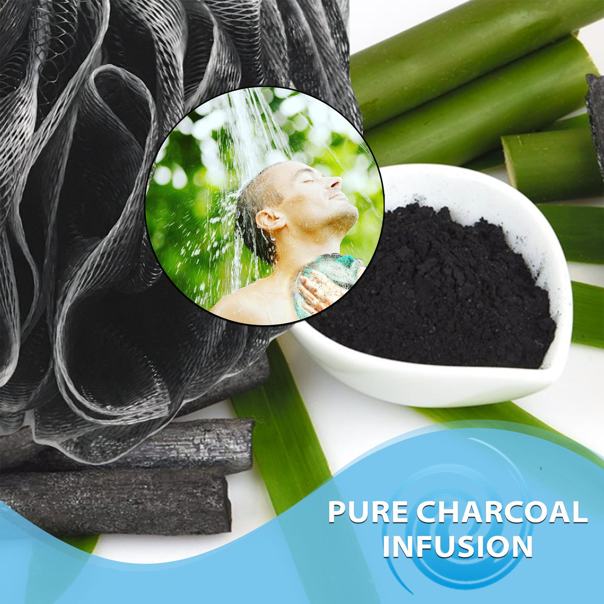 Close-up of Shower Bouquet XL Charcoal Loofah with ribbon handle