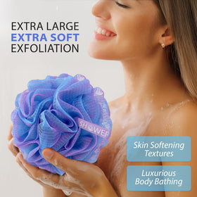 Close-up of Shower Bouquet XL Loofah with long ribbon handle