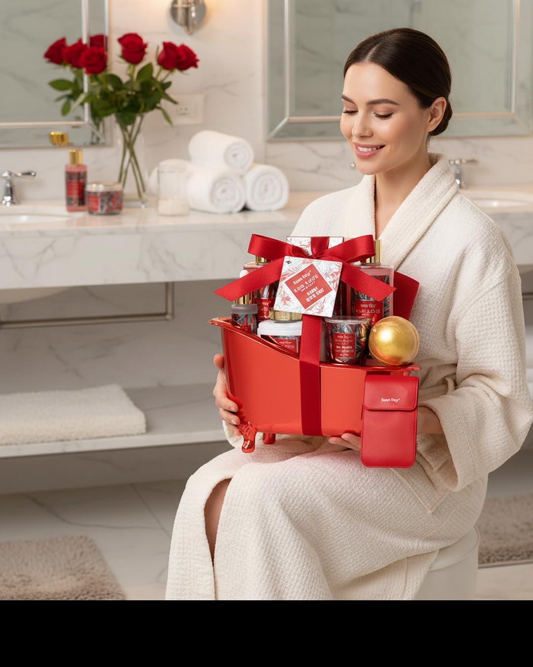 Close-up of shower gel and body lotion in Saint Roy Spa Gift Basket